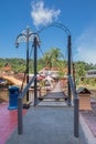 View of the bridge and lake of the Oriental Village, the starting point of the cable car Langkawi SkiCab