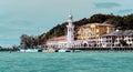 Lighthouse and marina bay on Pantai Cenang Beach Royalty Free Stock Photo