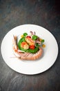 Langoustine, scallop, octopus and mussels with spinach puree. Italian restaurant. Menu. Royalty Free Stock Photo