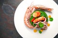 Langoustine, scallop, octopus and mussels with spinach puree. Italian restaurant. Menu. Royalty Free Stock Photo