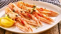 Langoustine Shellfish on Platter with Lemon Slices Royalty Free Stock Photo