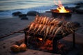 langoustines roasting over beach campfire