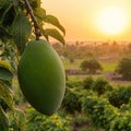 langra mango close up on branch in bihar fields in india landscape sunset Royalty Free Stock Photo