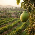 langra mango close up on branch in bihar fields in india landscape sunset Royalty Free Stock Photo