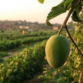 langra mango close up on branch in bihar fields in india landscape sunset Royalty Free Stock Photo