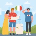 Language barrier and poor communication during travel, foreign tourists with suitcase Royalty Free Stock Photo
