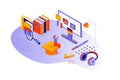 Language courses 3d isometric concept with isometry people design for web. Students studying online, learning in speech club Royalty Free Stock Photo