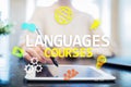 Language courses, Online learning, English shool, E-learning concept on virtual screen. Royalty Free Stock Photo