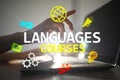 Language courses, Online learning, English shool, E-learning concept on virtual screen. Royalty Free Stock Photo