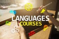 Language courses, Online learning, English shool, E-learning concept on virtual screen. Royalty Free Stock Photo