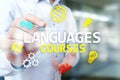 Language courses, Online learning, English shool, E-learning concept on virtual screen. Royalty Free Stock Photo