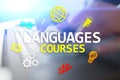 Language courses, Online learning, English shool, E-learning concept on virtual screen. Royalty Free Stock Photo