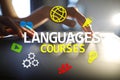 Language courses, Online learning, English shool, E-learning concept on virtual screen. Royalty Free Stock Photo