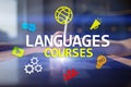 Language courses, Online learning, English shool, E-learning concept on virtual screen. Royalty Free Stock Photo