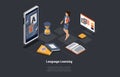 Language Learn App, Student Learn Foreign Language In Online School Is Having A Course. Girl Use Remote Service For