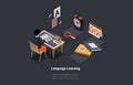 Language Learn App, Student Learn Foreign Language In Online School Sitting At Desktop. Character Use Remote Service For