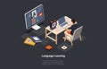 Language Learn App, Student Learn Foreign Language In Online School Typing On Laptop. Character Use Remote Service For