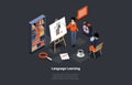 Language Learn App, Student Learn Foreign Language In School Is Having A Course With Teacher. Teacher With Pointer In
