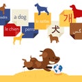 Language learning book for children, vector illustration. Foreign words for dog written on stickers. Playful puppy