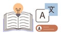 Language Learning Concept with Open Book, Lightbulb, and Translation Elements Royalty Free Stock Photo