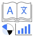 Language Learning and Data Analysis Concept with Open Book, Pie Chart, and Bar Graph Royalty Free Stock Photo