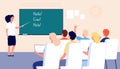 Language lesson. Students at school, classroom and teacher at chalkboard. Adults learn foreign languages in group vector Royalty Free Stock Photo