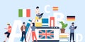 Language online e-learning. Tutor college and students. Languages study, english german italian flags. Digital Royalty Free Stock Photo