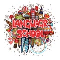 Language School educational and travelling concept. Language School vector cartoon illustration. Set of Fun cartooning Royalty Free Stock Photo