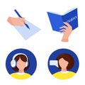 Language skills reading, listening, speaking and writing. Simple colored graphic icons for courses and web store.