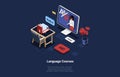 Language Study Courses Vector Illustration In Cartoon 3D Style On Dark Background. Conceptual Isometric Design With