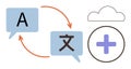 Language translation concept with cloud storage and data sharing represented by arrows and icons Royalty Free Stock Photo