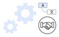 Language Translation and Business Collaboration Concept with Gears and Handshake Royalty Free Stock Photo