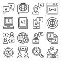Language Translation Icons Set on White Background. Line Style Vector