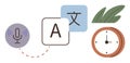 Language translation process with microphone, text, character symbols, clock, and leaves Royalty Free Stock Photo