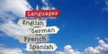 Languages concept - English, German, French, Spanish - wooden signpost with five arrows Royalty Free Stock Photo