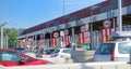 Languedoc-Roussillon, France - July 27 2018: Cars queuing at the toll gate or Peage, waiting to pay for travelling on the autorout