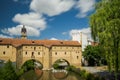 Langzeitbelichtung, Stadtbrille, Wassertor und Wahrzeichen von Amberg in der Oberpfalz, Bayern, Sonne, blauer Himmel Royalty Free Stock Photo