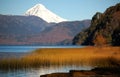 Lanin volcano and Quillen lake. Royalty Free Stock Photo