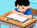 A focused elementary student diligently reading a textbook at a wooden desk Royalty Free Stock Photo