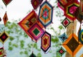 Lanna flags are hung decorated with hexagonal flags in celebrations by colorful yarn at temple