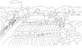 lanscape doodle art farm and village hand drawing with pine tree around scenerry Royalty Free Stock Photo