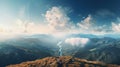 Lanscape shot, panoramic alpine view of low cloudy valley with long river from the top of the mountain to the cliff