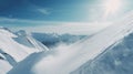 Lanscape shot, panoramic view of snowy alpine mountain freeride slope on a sunny winter day and blue sky