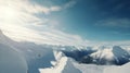 Lanscape shot, panoramic view of snowy alpine mountain peaks on a sunny winter day and blue sky