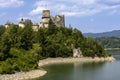 Lanscape view of a castle on the hill next to the lake with mountains in the background Royalty Free Stock Photo