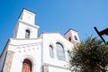 Lanscape view of small spanish town of Tejeda church in gran canaria island on mountain valley on summer day with view of bentayga Royalty Free Stock Photo