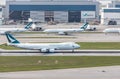 Cathay Pacific`s cargo airplane is running for take off at runway, Cathay Pacific`s