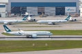 Cathay Pacific`s Passenger airplane is taxiing for take off at runway, Cathay Pacific`s Royalty Free Stock Photo