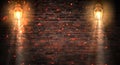 Lantern on the building, night, neon, spotlight, smoke. Background of an empty old brick wall.