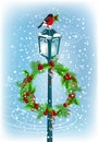 Lantern with bullfinch and Christmas wreath Royalty Free Stock Photo